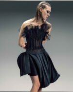 Sheer Corset Top with Plissé Ruffle and Tulle Sleeves - Image 6
