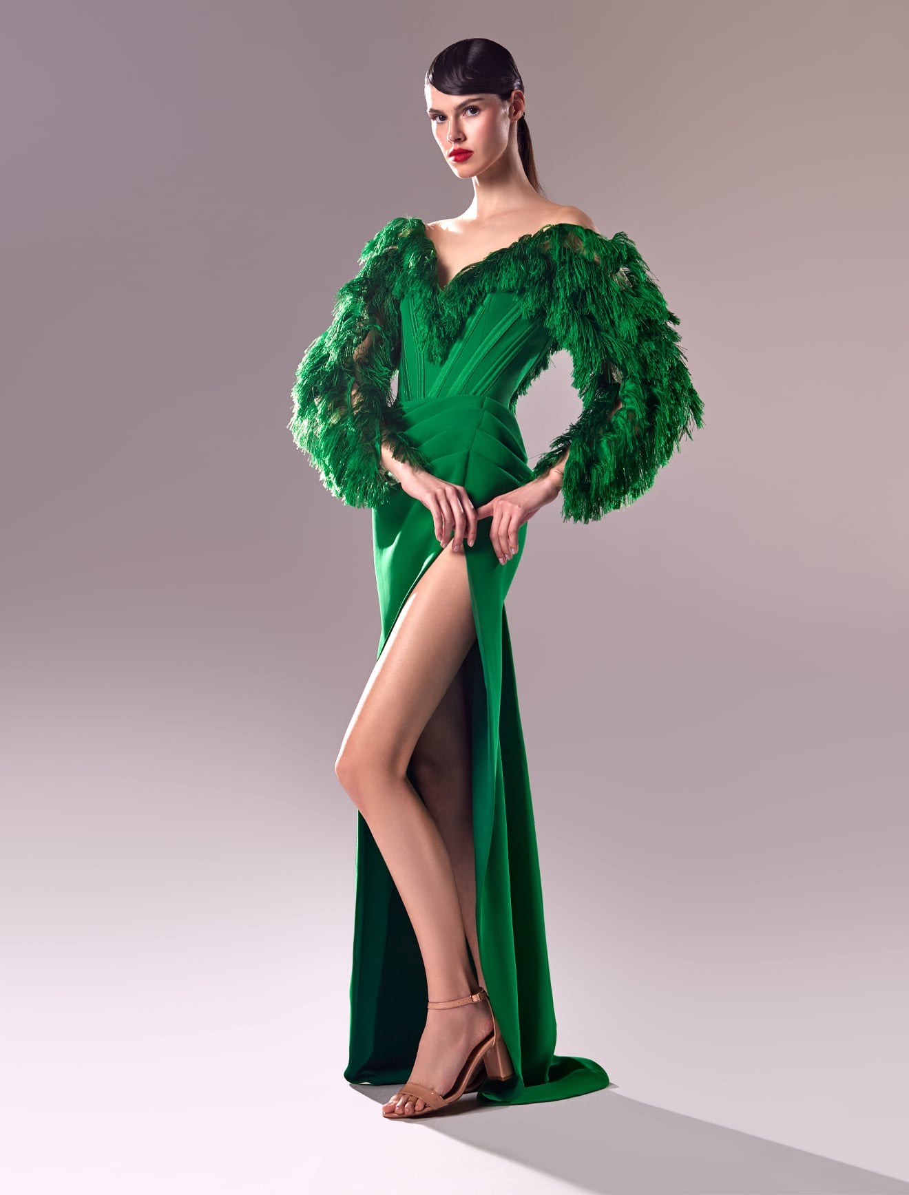 ab2704ec16e5457ca81eb90a0b5d4e7c-Original.jpg Ruched Sleeves Crepe Emerald Green Dress Timeless Sophistication Meets Modern Allure - Image 1