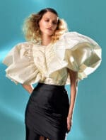Oversized Shoulder Sleeves White Taffeta Top