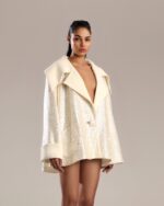 Glamorous Gold Sequin Jacket with White Taffeta Collar